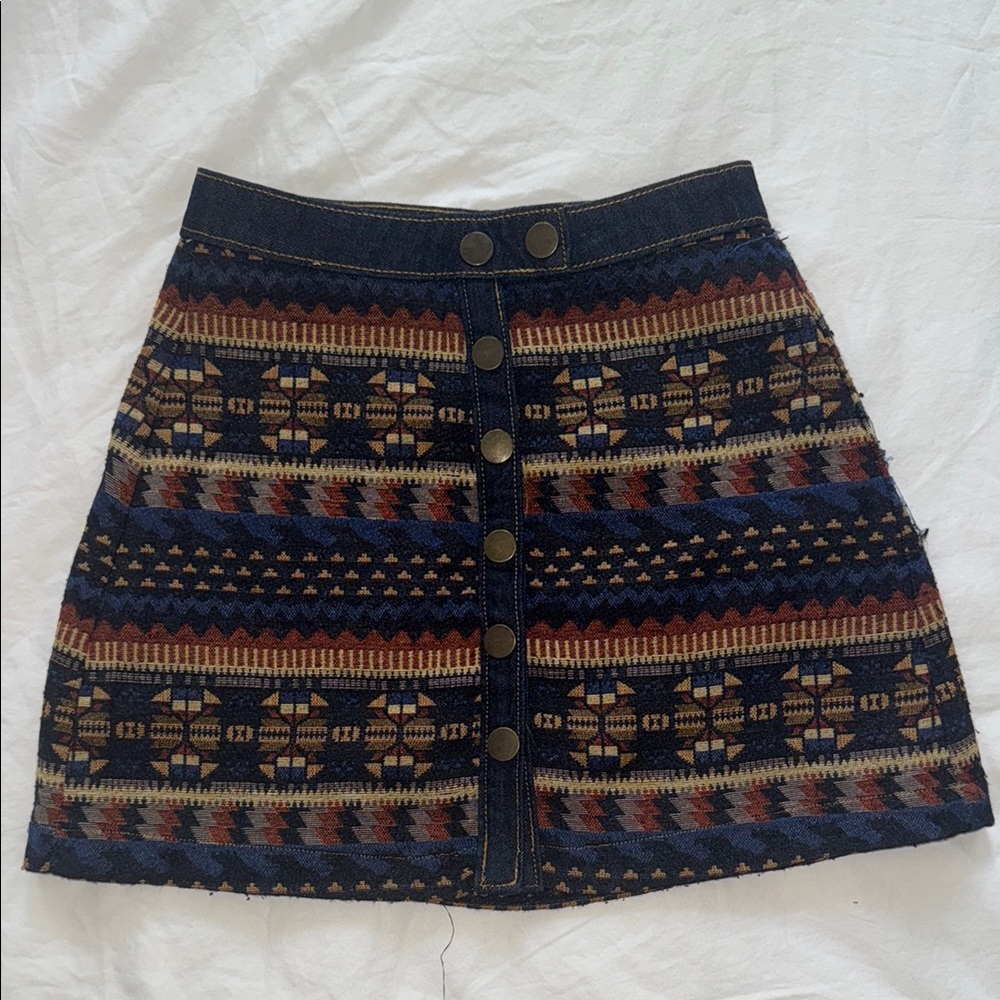 BDG Button-Front Patterned Mini Skirt - Navy Multi / Western / Aztec